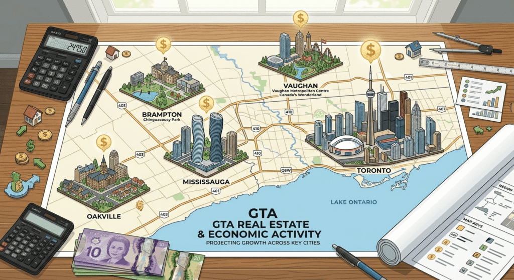 Map comparing building permit fees across GTA municipalities including Toronto, Oakville, and Mississauga