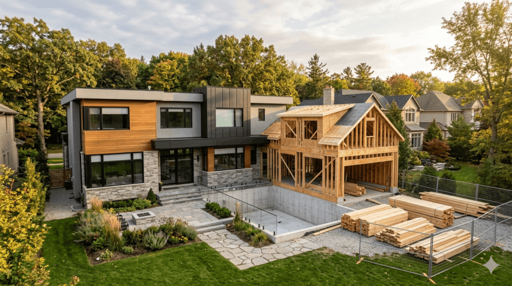 New home addition under construction in Canada showing foundation and wood framing on a modern suburban house