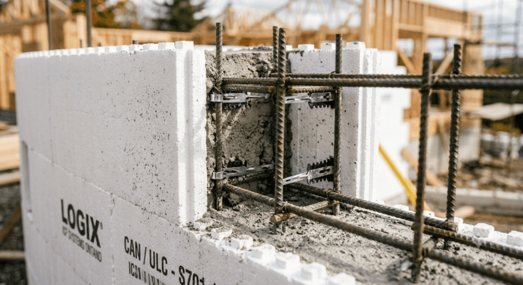 ICF wall cross-section showing foam insulation core and rebar for Ontario construction