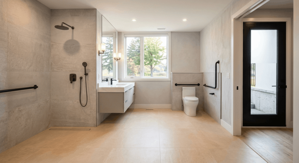 Accessible in-law suite bathroom with curbless shower for aging-in-place in Ontario"