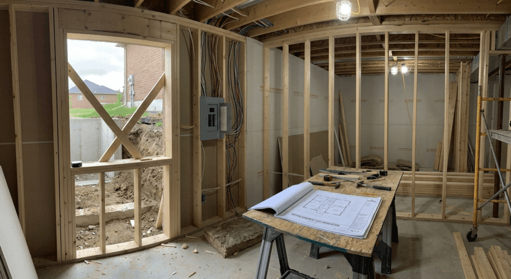Basement suite renovation in Ontario showing egress window and code-compliant framing