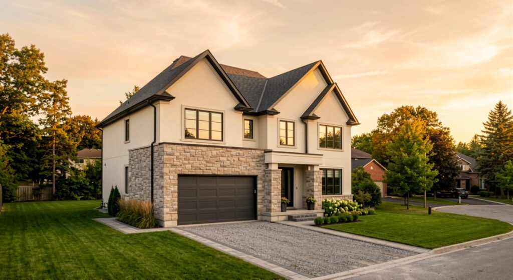 Completed two-storey custom home in Ontario at golden hour showcasing Leedway Group's design-build craftsmanship