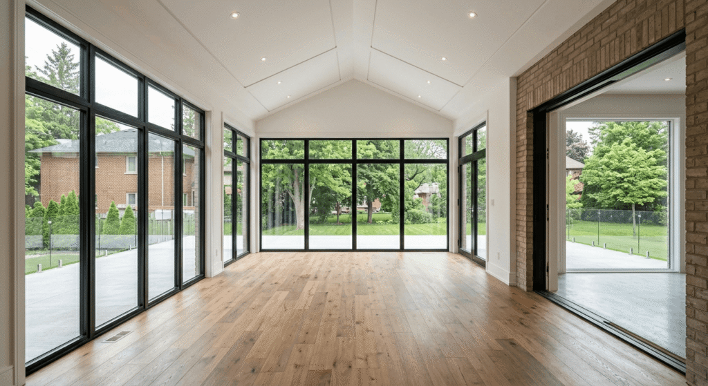 Completed bright interior of a new home addition with large windows and hardwood flooring in Ontario