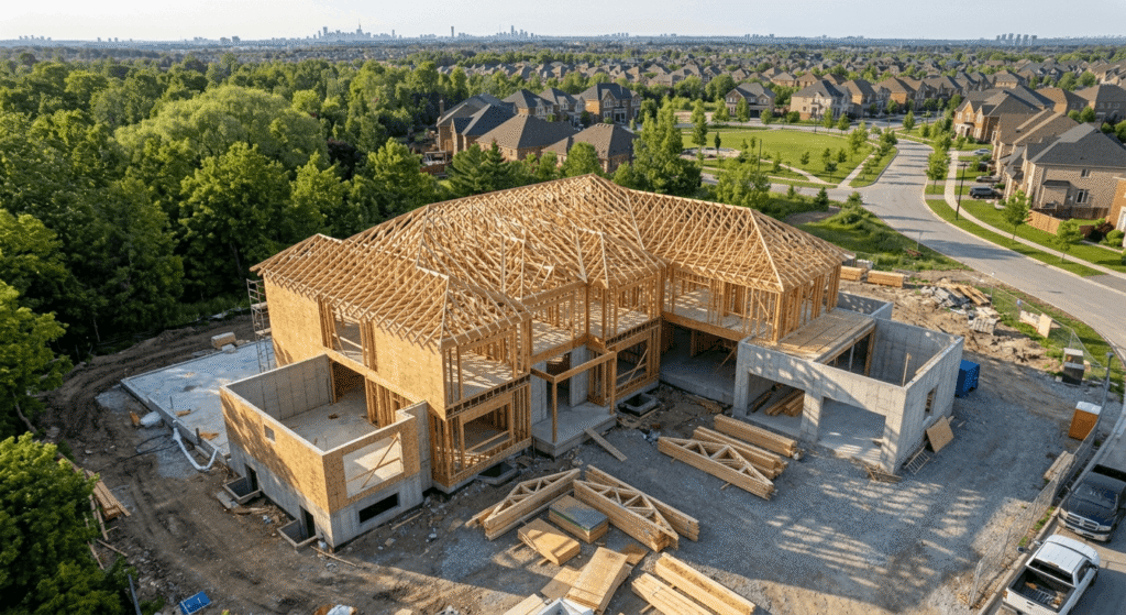custom home builders Ontario framing stage roof truss system aerial view GTA residential