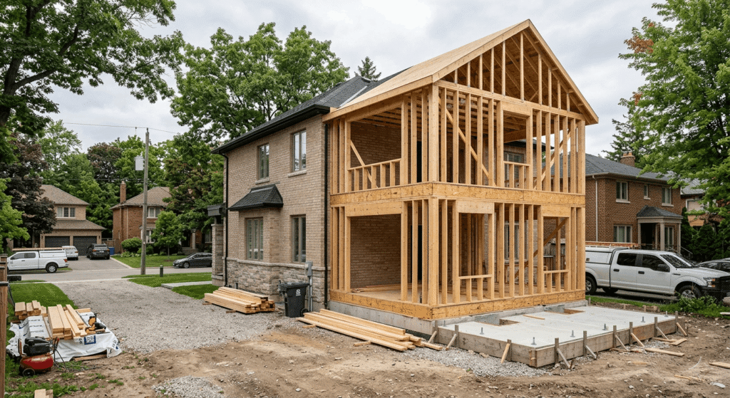 New room addition framing and concrete foundation attached to an Ontario residential home