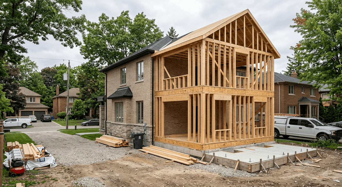 New room addition framing and concrete foundation attached to an Ontario residential home