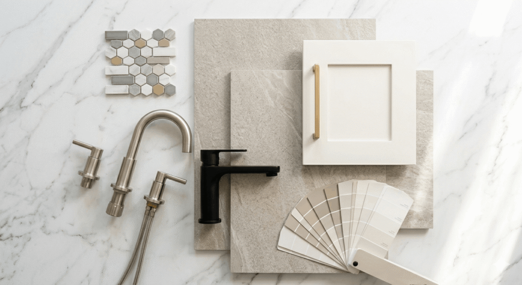 Bathroom renovation material selections including porcelain tile, faucet hardware, and cabinet door samples for an Oakville home