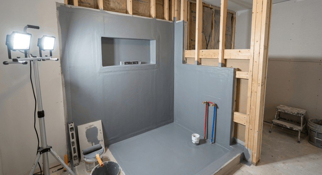 Bathroom waterproofing membrane applied during renovation construction stage in an Oakville home, showing rough plumbing and cement board walls