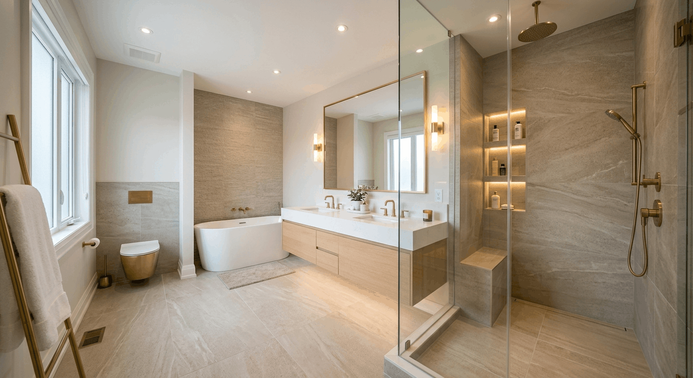 Finished master ensuite bathroom renovation in Oakville with frameless glass shower, floating vanity, and large-format porcelain tile