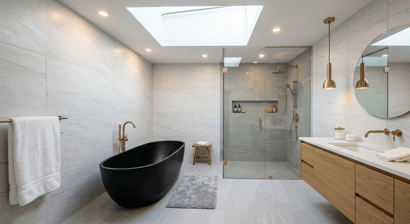 Modern luxury bathroom renovation in a Toronto GTA home featuring a freestanding tub, frameless glass shower, and large-format porcelain tile