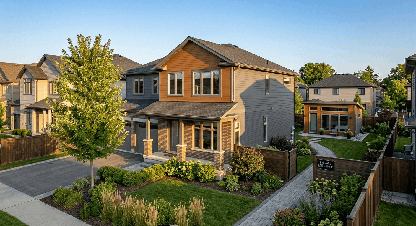 Ontario home with a second-storey addition and detached garden suite for multigenerational living