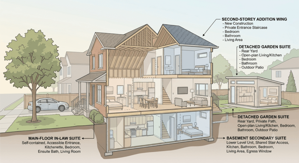 Diagram showing four multigenerational housing layout options on an Ontario property