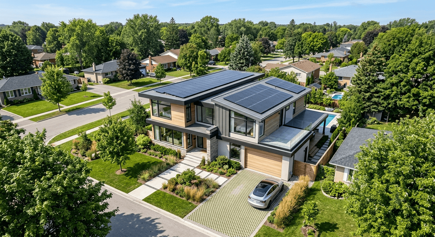 Modern net zero custom home in Ontario with rooftop solar panels and triple-pane windows