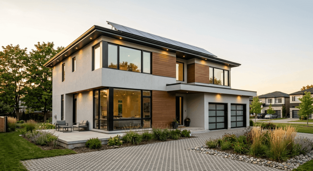 "Net zero custom home in Ontario built with ICF walls and solar energy systems