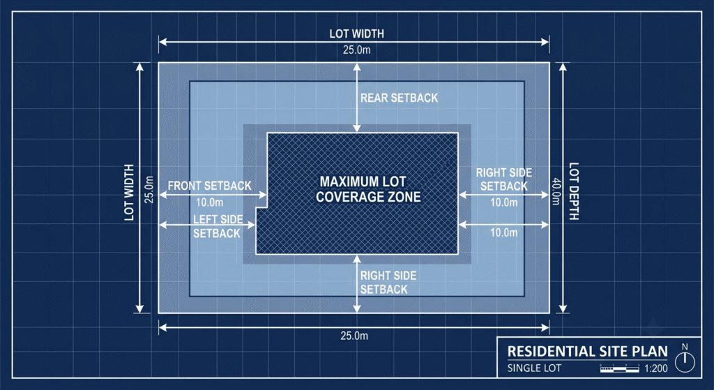 Top-down site plan diagram showing building envelope setbacks and lot coverage on an Ontario residential lot