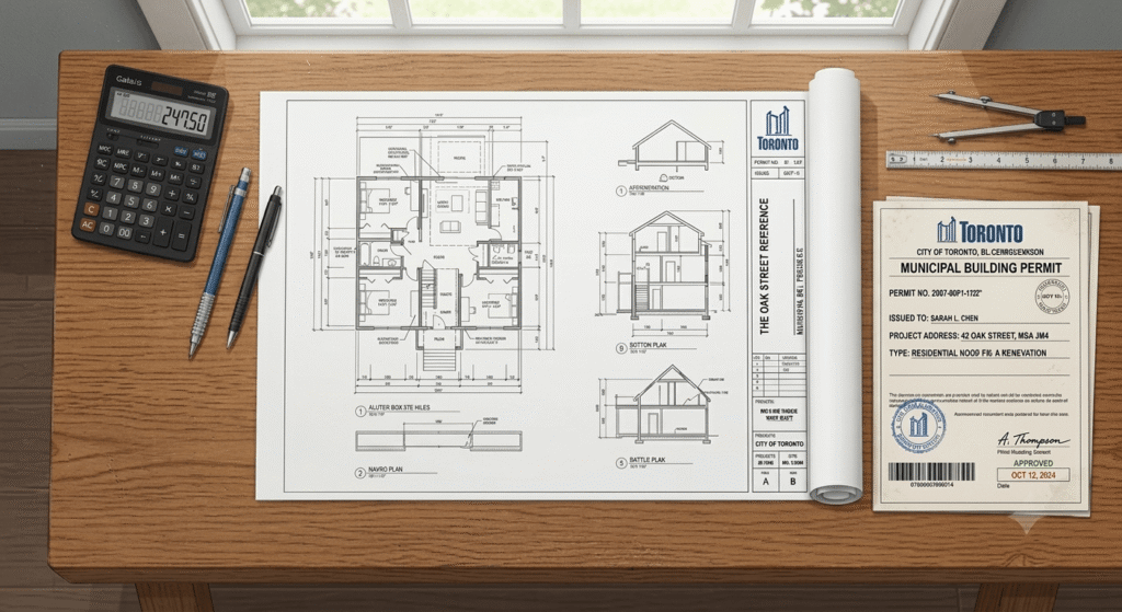 Architectural blueprints and permit documents representing Ontario building permit costs