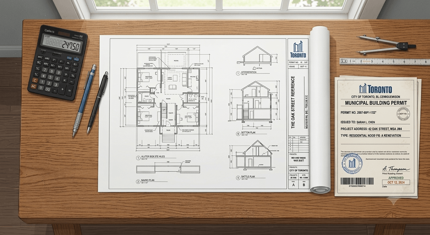 Architectural blueprints and permit documents representing Ontario building permit costs