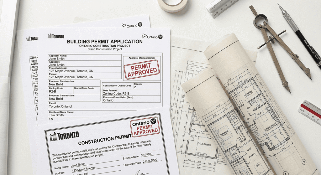 Ontario building permit application documents, architectural blueprints, and approval stamp on a drafting table