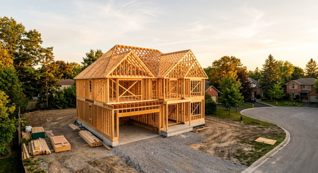 Wood-framed custom home under construction in Ontario showing foundation and structural framing