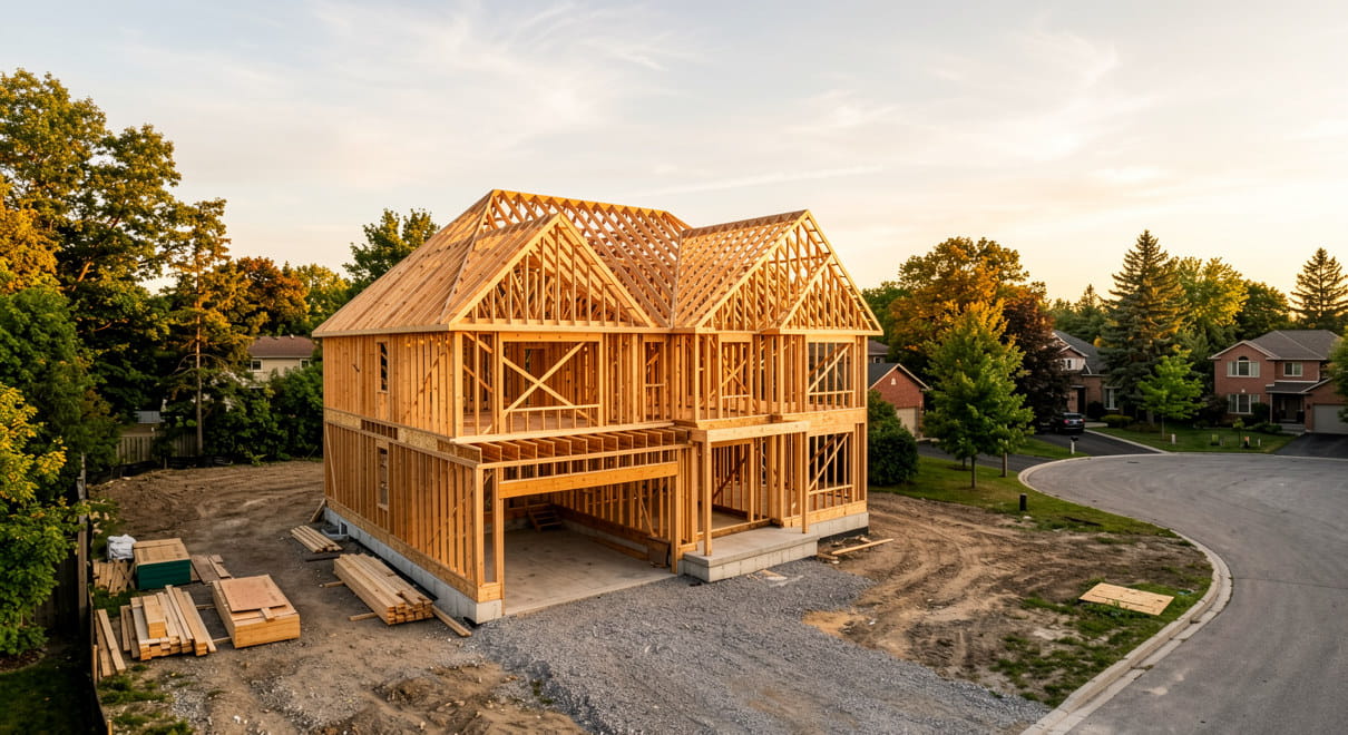 Wood-framed custom home under construction in Ontario showing foundation and structural framing