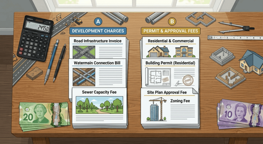 Illustration showing development charges as a separate cost from building permit fees in Ontario