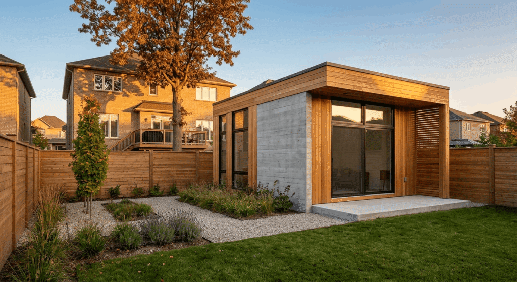 Newly built garden suite in an Ontario suburban backyard with main house visible behind
Image