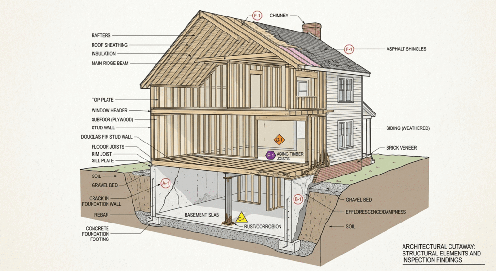 Diagram showing structural assessment points for renovation versus rebuild decisions in Ontario homes