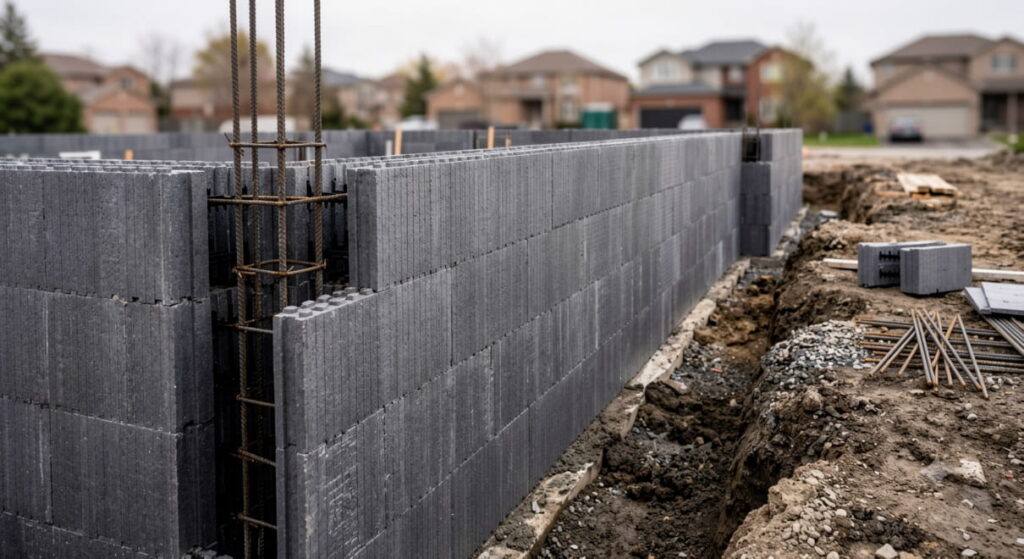 Freshly poured ICF concrete foundation walls of a custom home build in Ontario