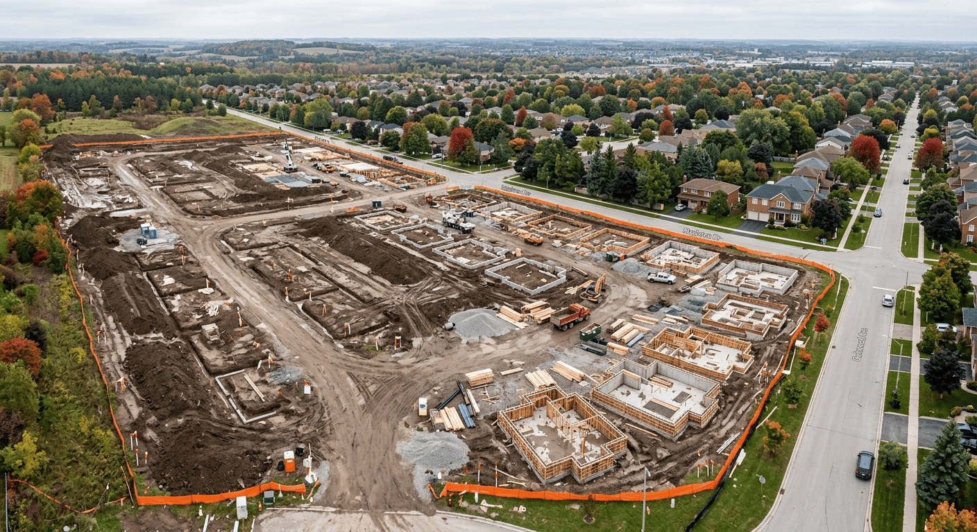 Aerial view of an Ontario residential construction site with excavated foundation, formwork, and surveying stakes
