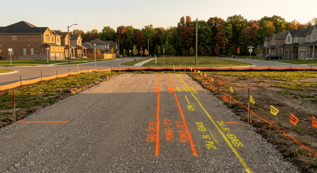 Ontario residential building lot with utility locate paint markings and warning flags before excavation