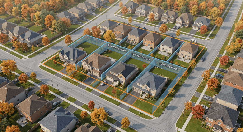 Aerial view of Ontario residential lots with zoning setback boundary lines illustrated