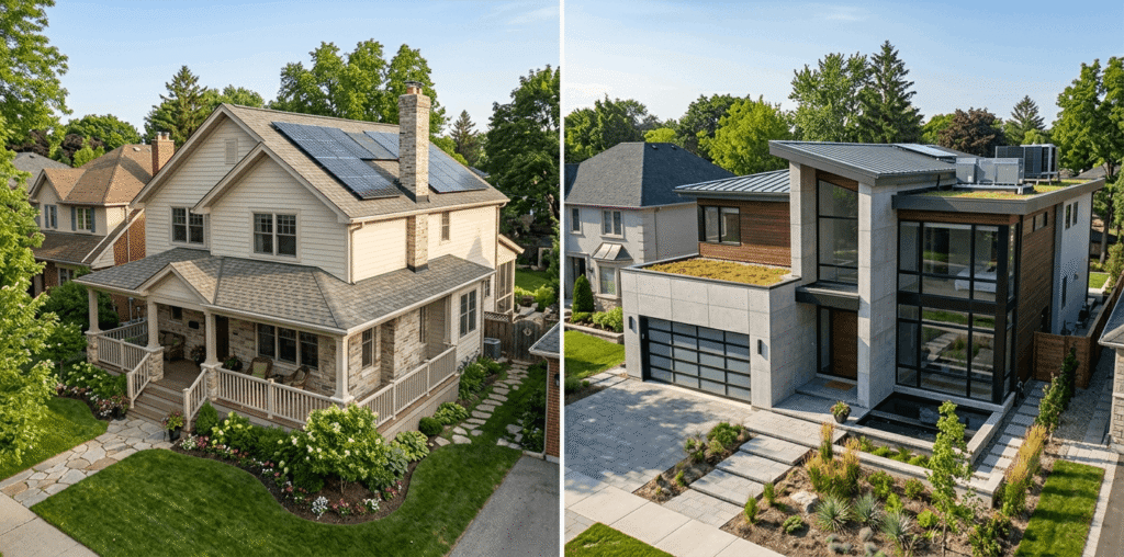 Side-by-side comparison of a renovated home and a newly rebuilt custom home in Ontario"