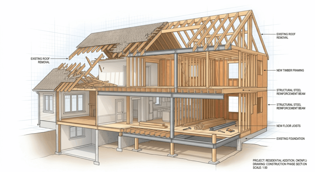 Structural framing diagram of a second storey addition in Ontario showing roof removal and load-bearing reinforcement