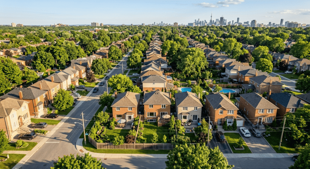 Aerial view of Toronto residential neighbourhood showing detached homes with backyards and basement suites