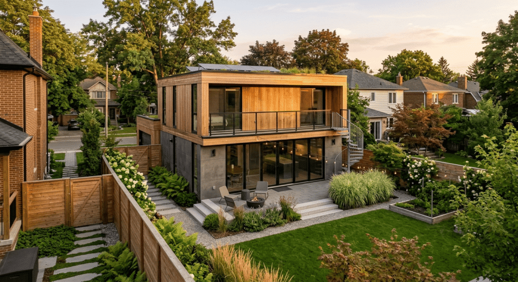 Modern two-storey garden suite in a Toronto backyard with large windows and landscaped separation from main house