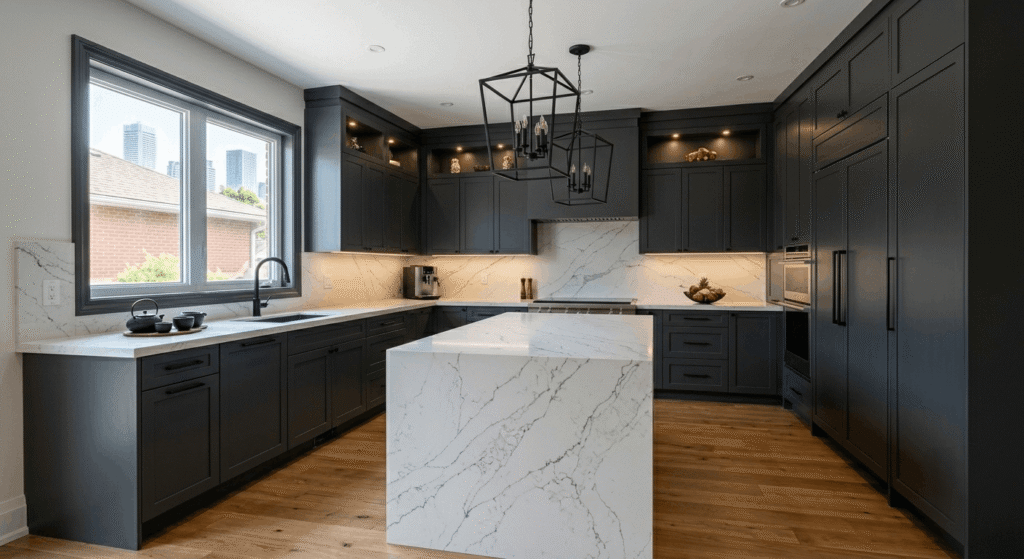 High-end Toronto kitchen renovation with custom dark cabinetry, quartz island, and induction cooktop