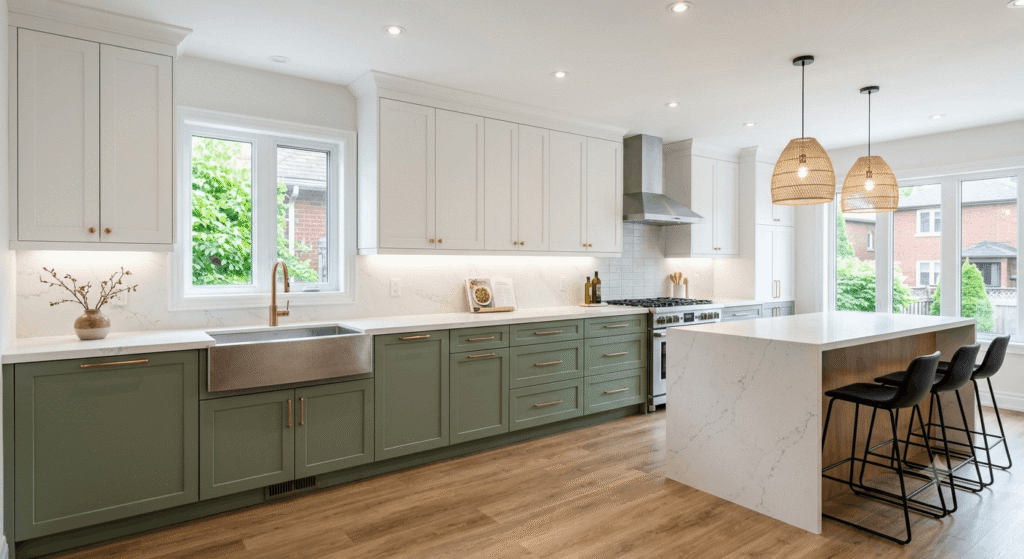 Mid-range Toronto kitchen renovation with two-tone shaker cabinets and quartz countertops