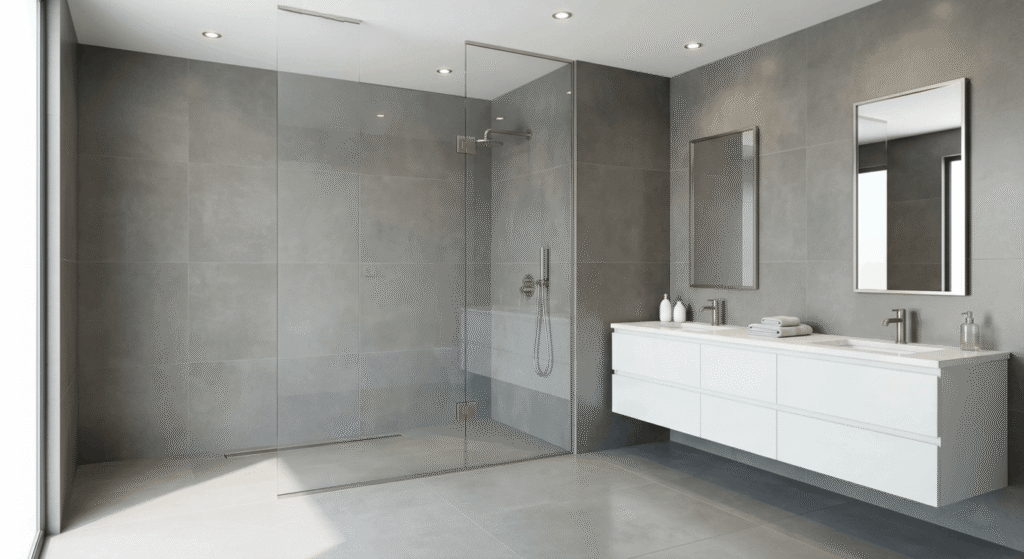 Walk-in shower with frameless glass enclosure and floating double vanity in a GTA bathroom renovation