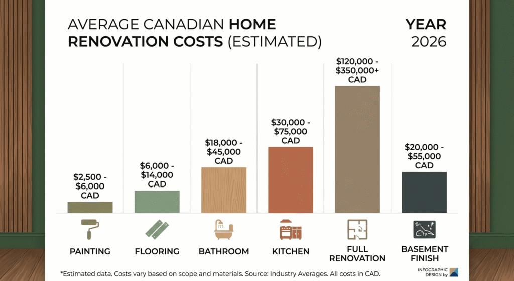 interior home renovation cost comparison chart by room Canada