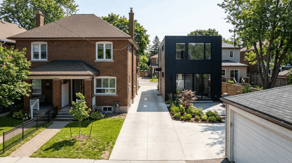 Two-storey laneway suite coach house behind a Toronto semi-detached home