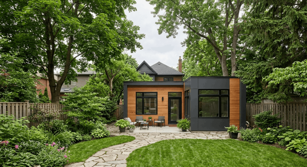 Contemporary garden suite coach house in a Toronto backyard, 2026