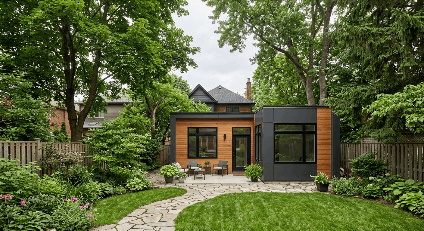 Contemporary garden suite coach house in a Toronto backyard, 2026