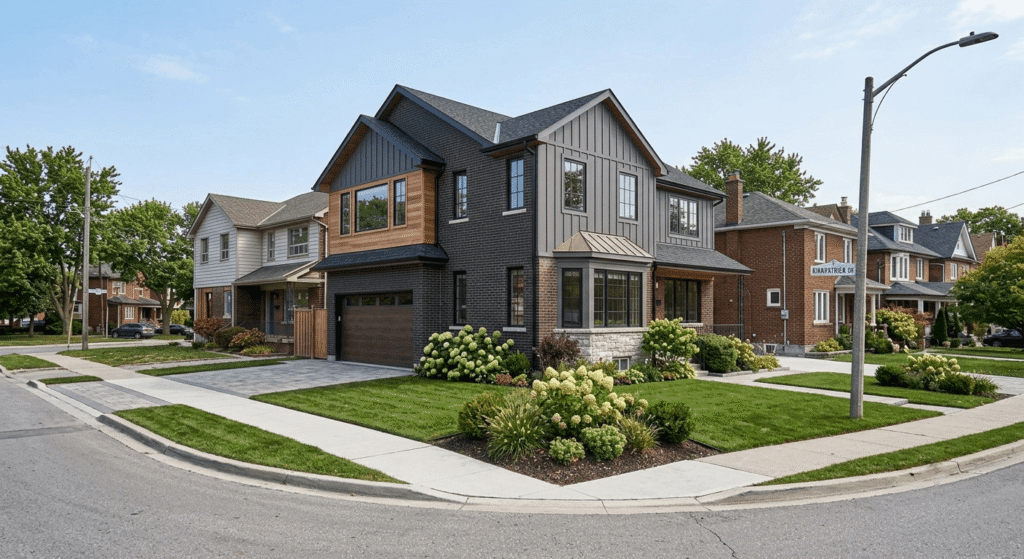 Newly built custom home exterior representing custom home builders in Brampton"