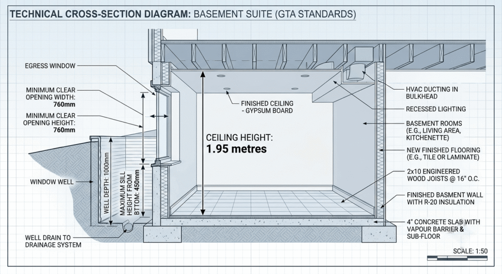 basement egress window and ceiling height requirements in Ontario