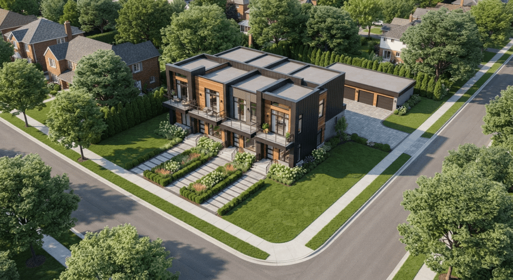 Duplex and fourplex lot layout for multifamily housing in Ontario