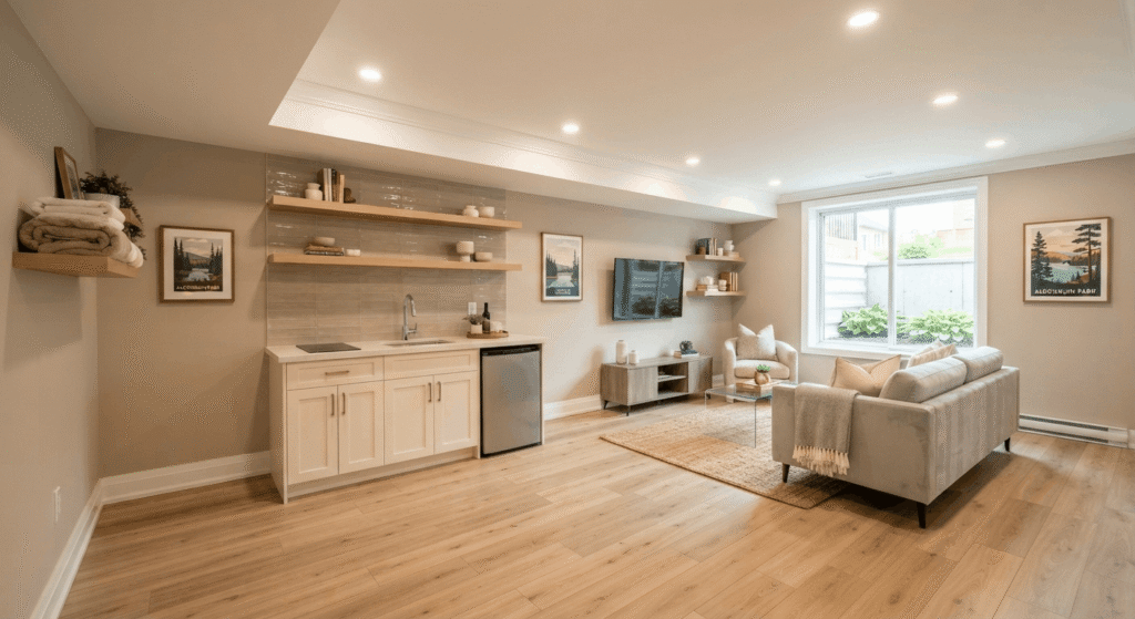 Finished legal basement rental suite interior with kitchenette