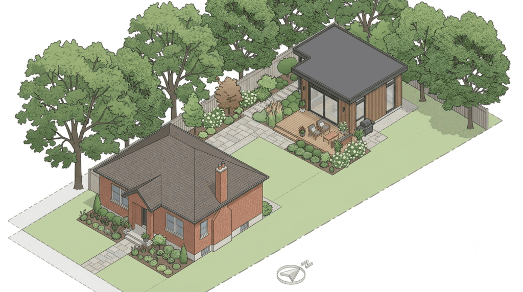 Backyard lot showing main house and garden suite adding property equity