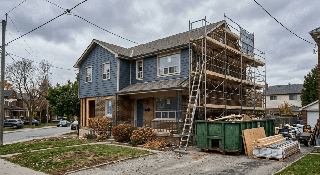 "Toronto home undergoing renovation with scaffolding and construction materials"