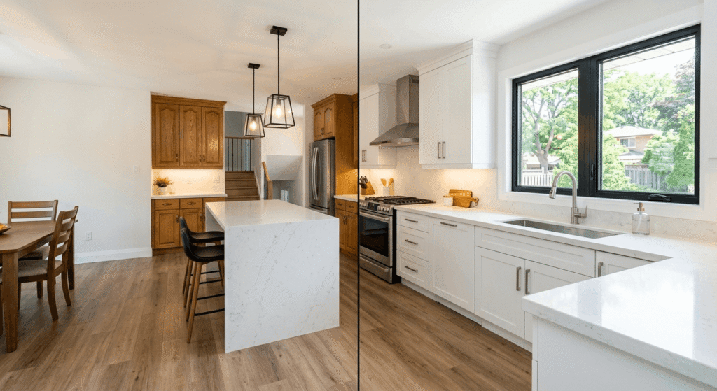 Cabinet refacing before and after in a Mississauga kitchen
