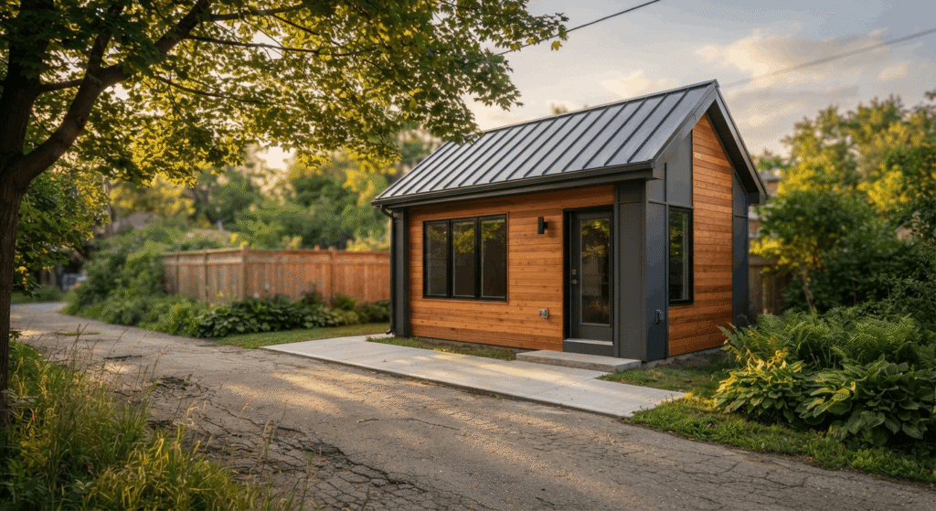 Modern detached laneway suite in a Toronto backyard at golden hour